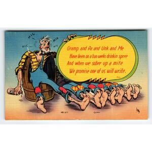 Vintage 1930s Linen Comic Postcard Drinking Spree Humor Gramp Pa Me